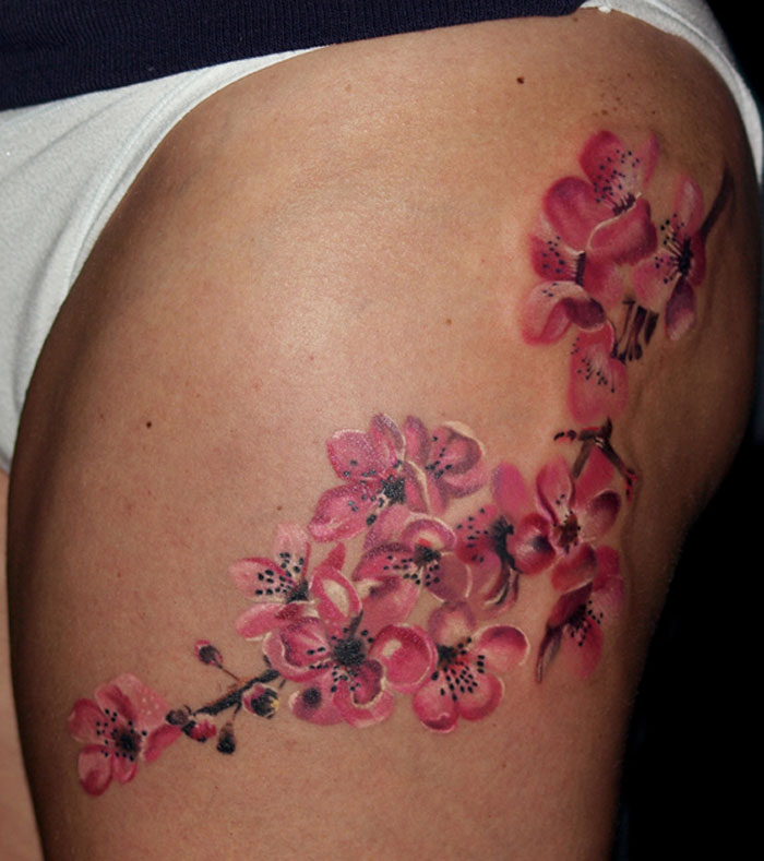 700x789 Fine Cherry Blossom Watercolor Thigh Tattoo By Michele Turco - Watercolor Cherry Blossom Tattoo