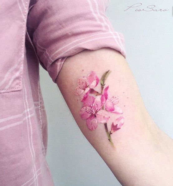 555x597 48 Cherry Blossom Tattoos That Are Way Beyond Perfect Tattoos - Watercolor Cherry Blossom Tattoo