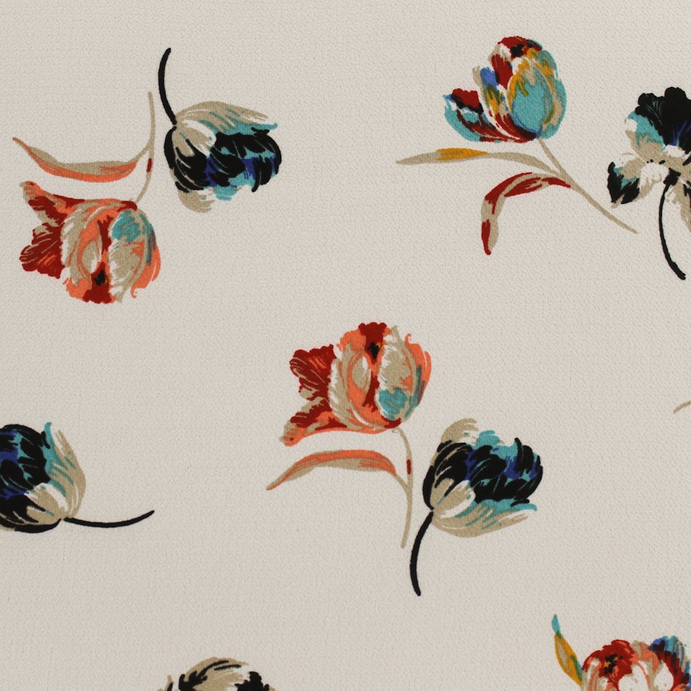1000x1000 Off White And Red Floral Print Small Magnolia Flowers On Crepe - Watercolor Chiffon Fabric