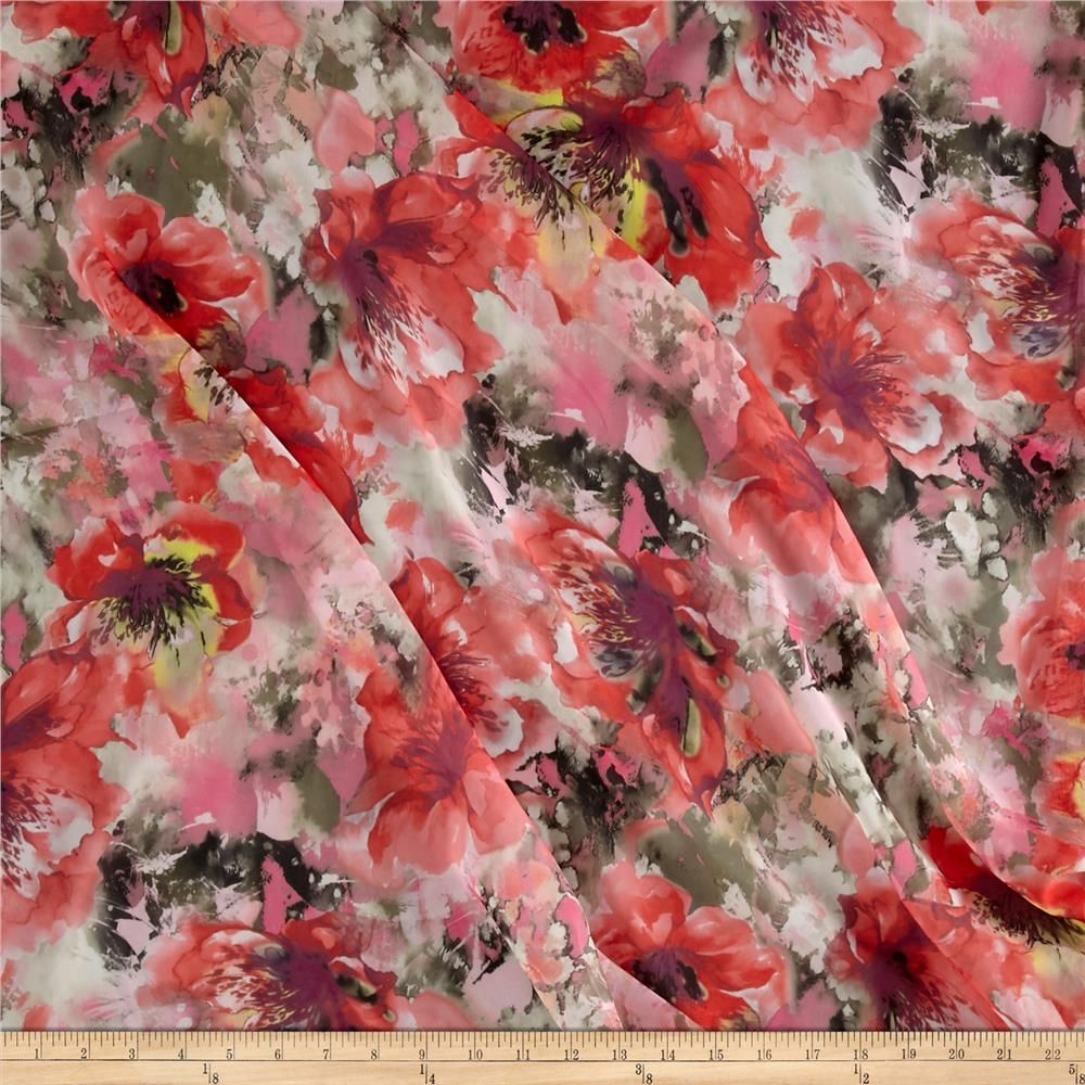 1000x1000 Telio Kimono Chiffon Watercolor Floral Print Red Chiffon Fabric - Watercolor Chiffon Fabric