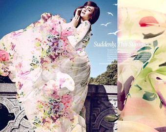 340x270 4 Color Silk Chiffon Fabric With Flowers And Birds Beach - Watercolor Chiffon Fabric