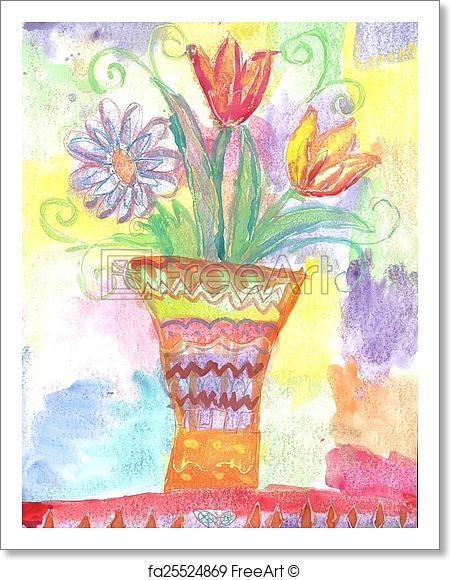 450x580 Free Art Print Of Watercolor Children Drawing Flowers. Watercolor - Watercolor Children