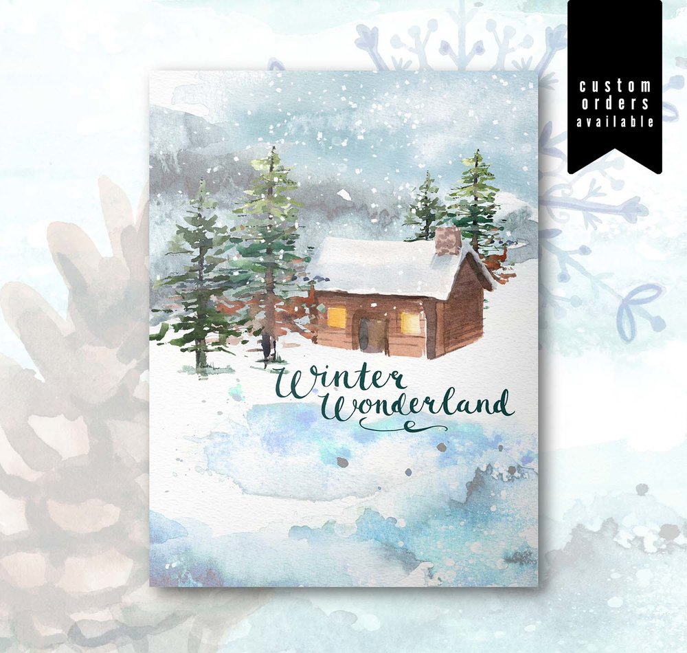 1000x950 Watercolor Christmas Card Set Winter Wonderland Cabin No. 2112 - Watercolor Christmas Cards