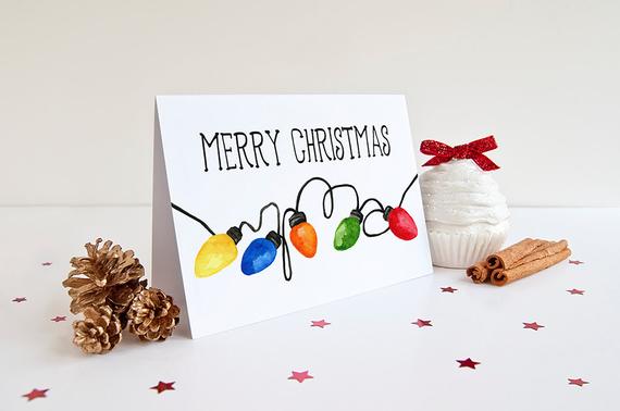 570x378 Watercolor Christmas Card Merry Christmas Greeting Card Set Etsy - Watercolor Christmas Lights