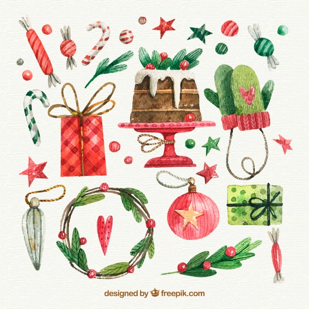 626x626 Watercolor Christmas Elements Collection Vector Free Download - Watercolor Christmas Pictures