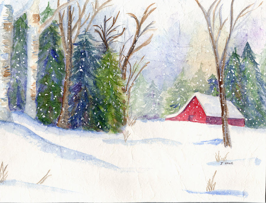 900x689 Christmas Barn Painting By Janet Kane - Watercolor Christmas Scenes