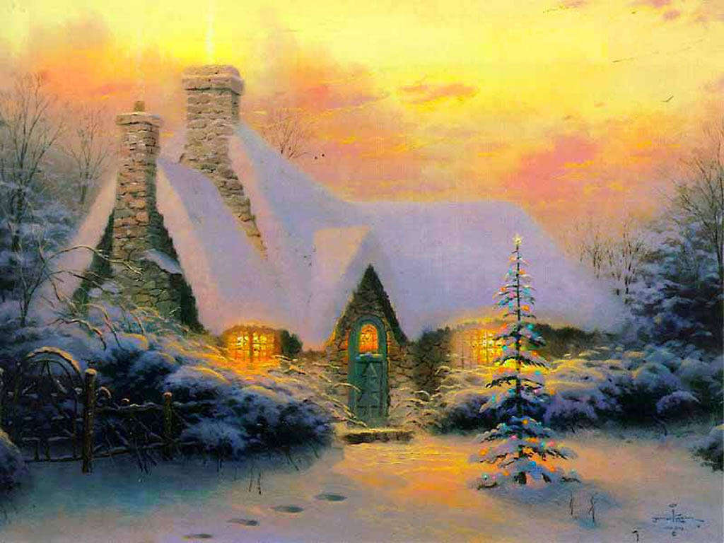 1024x768 Christmas Tree Cottage - Watercolor Christmas Scenes