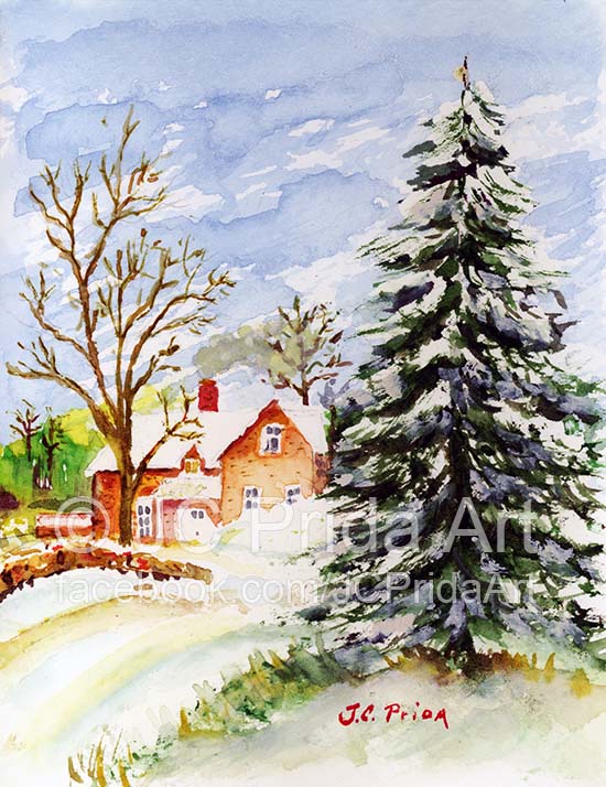 550x714 Home For Christmas Snowy Winter Watercolor - Watercolor Christmas Scenes