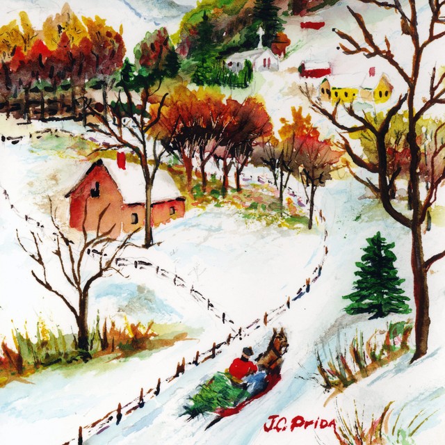 640x640 Winter Sleigh Ride Mountain Christmas Scene - Watercolor Christmas Scenes