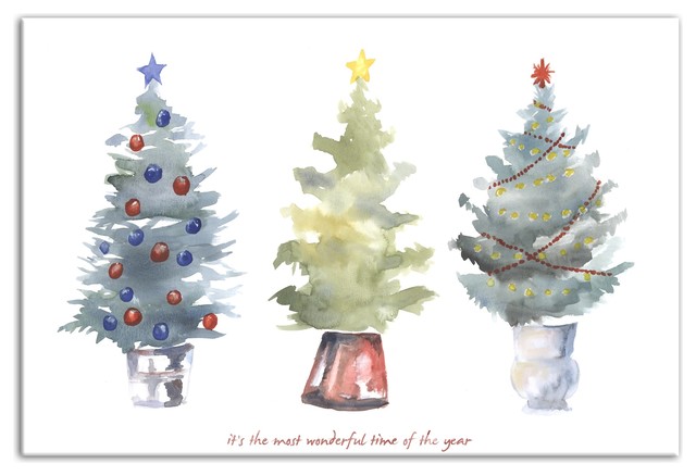 640x438 Three Watercolor Christmas Trees Canvas Wall Art, 36x24 - Watercolor Christmas Tree