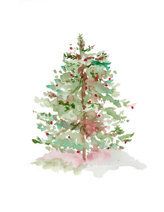 570x739 Tree Print From Original Watercolor, Christmas Holiday Art - Watercolor Christmas Tree