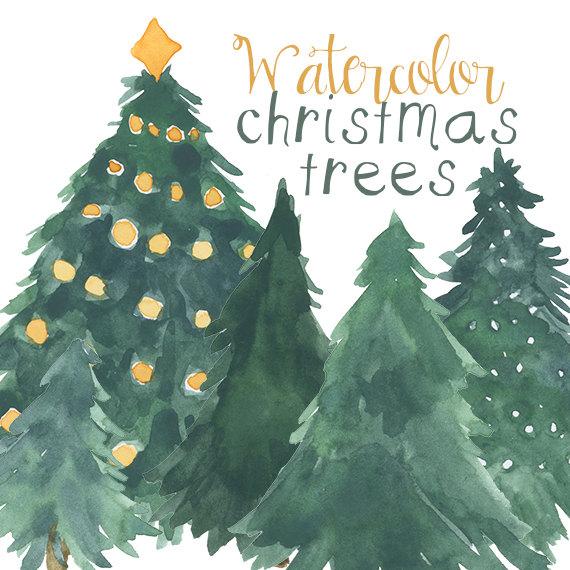 570x570 Watercolor Christmas Tree Clip Art For Scrapbooking Holiday Etsy - Watercolor Christmas Tree