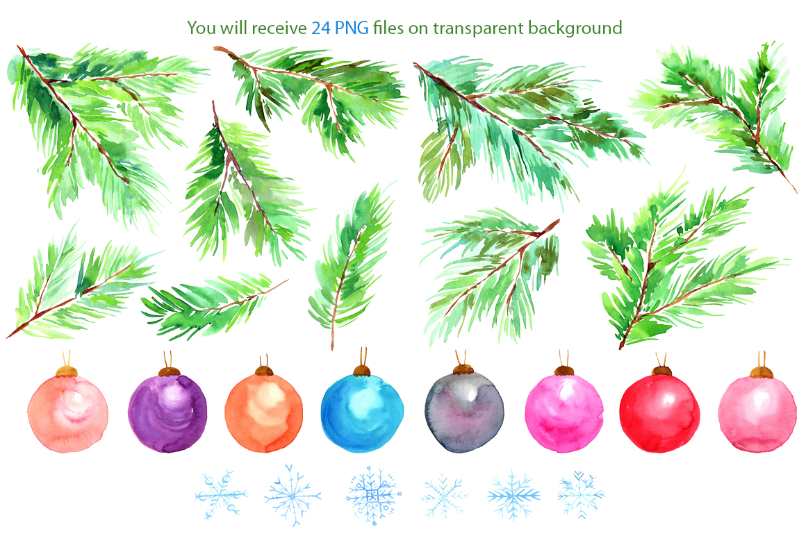 1160x772 Watercolor Christmas Tree Branches, Snowflakes, Toys Balls Png Set - Watercolor Christmas Tree
