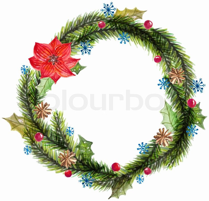 800x769 Green Watercolor Christmas Wreath With Decorations Over White - Watercolor Christmas Wreath