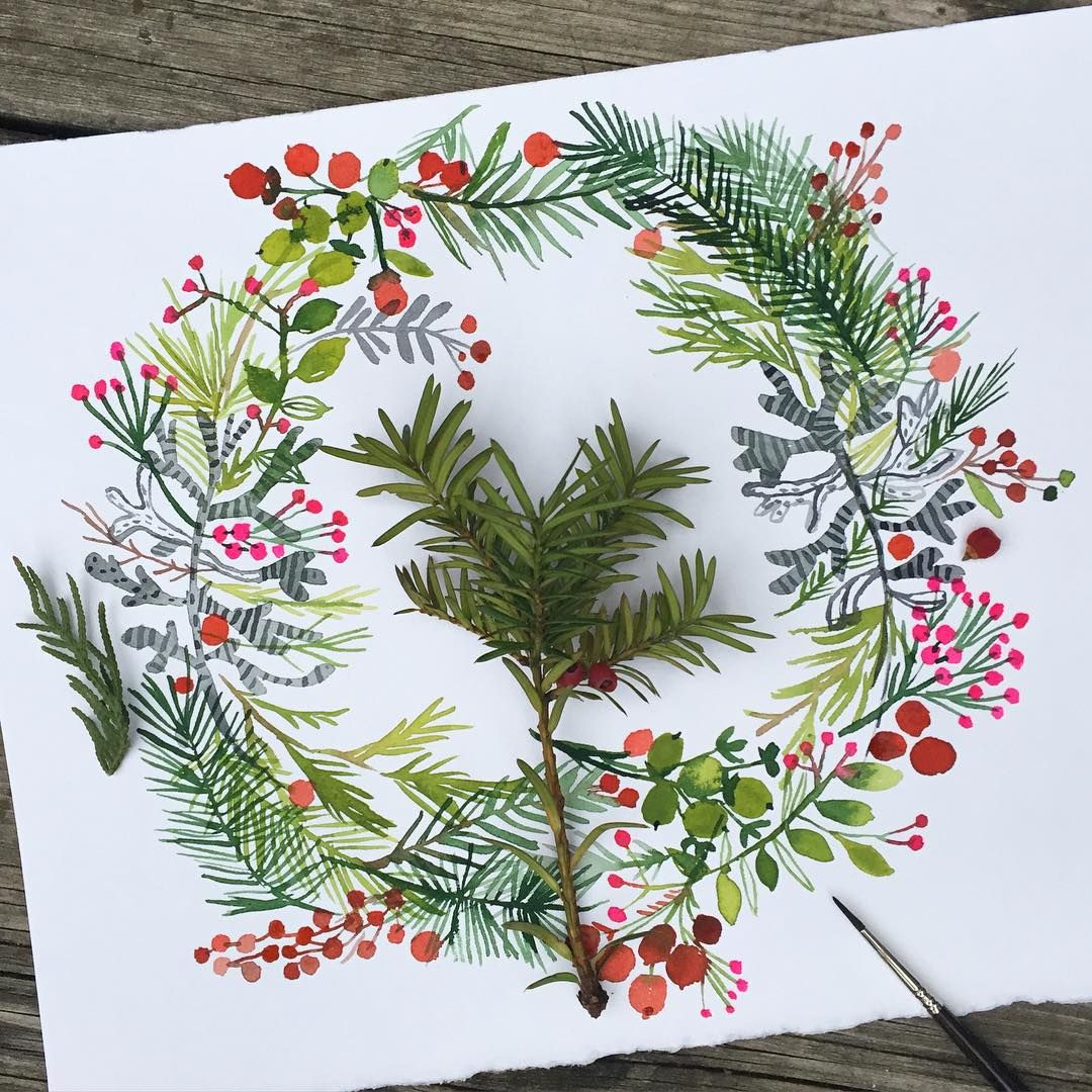 1080x1080 Watercolor Christmas Wreath, Painted In Classic Red And Green - Watercolor Christmas Wreath