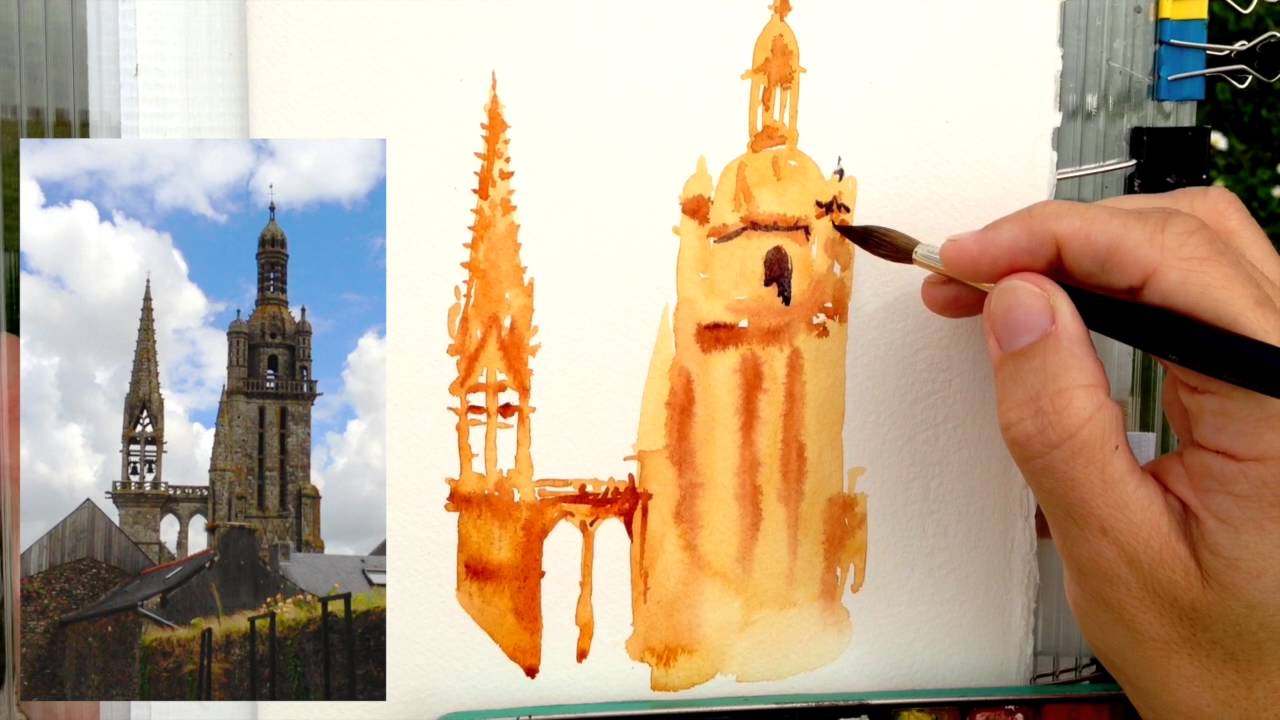 1280x720 French Church Painting. Real Time Watercolor Demo, On Location - Watercolor Church