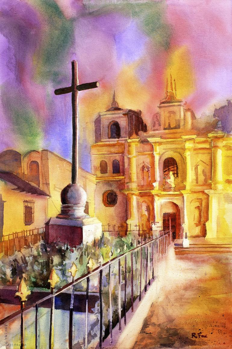770x1154 Fine Art Watercolor Painting Of Iglesia De La Merced In The Unesco - Watercolor Church Painting