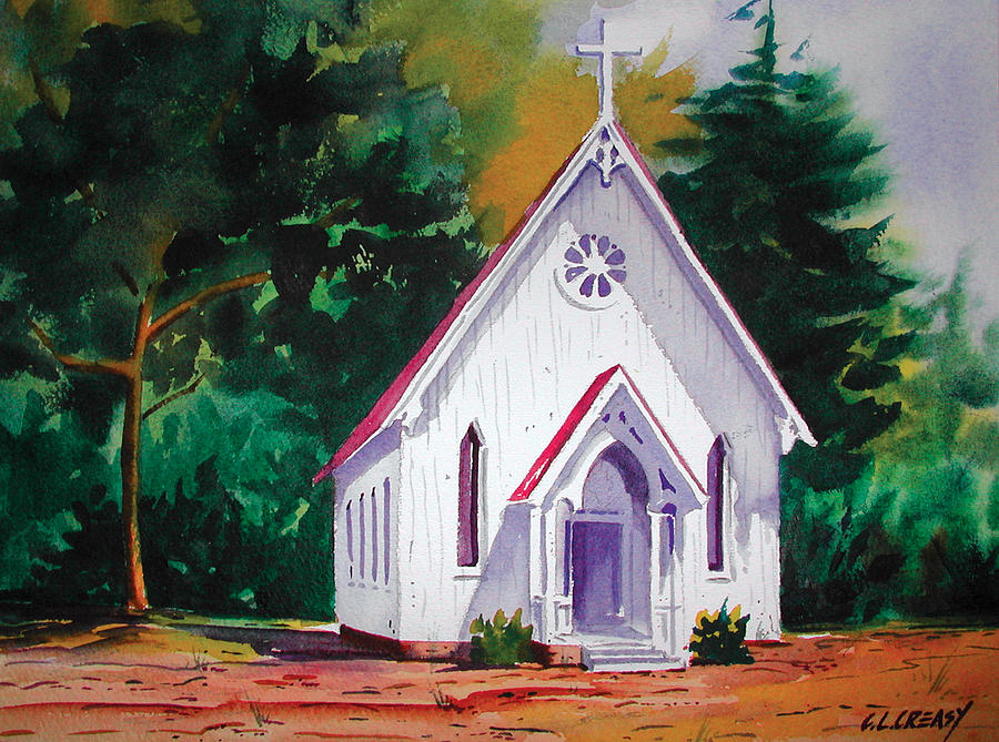 900x669 Little Country Church Painting By Chuck Creasy - Watercolor Church Painting