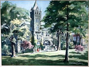 300x226 Lowell Ellsworth Smith Signed Watercolor Painting Church College - Watercolor Church Painting