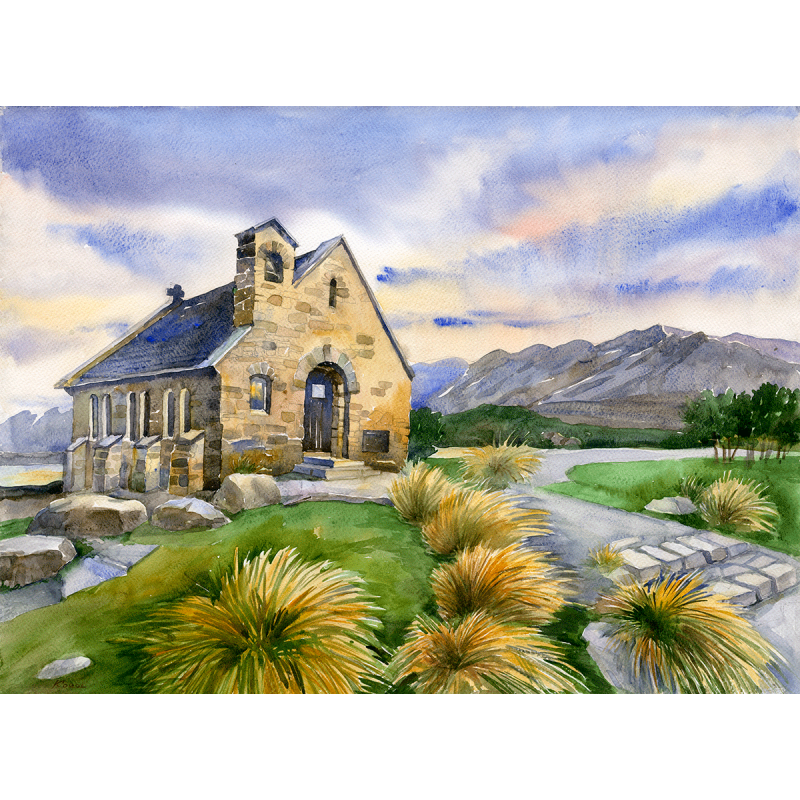 800x800 Original Watercolour Painting Of The Church Of The Good Shepherd - Watercolor Church Painting