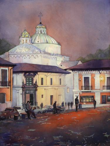 375x497 Watercolor Painting Of Church In El Centro Of Downtown Quito - Watercolor Church Painting