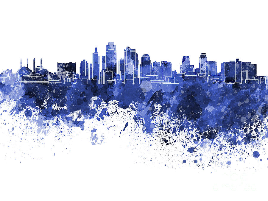 900x675 Kansas City Skyline In Blue Watercolor On White Background - Watercolor City