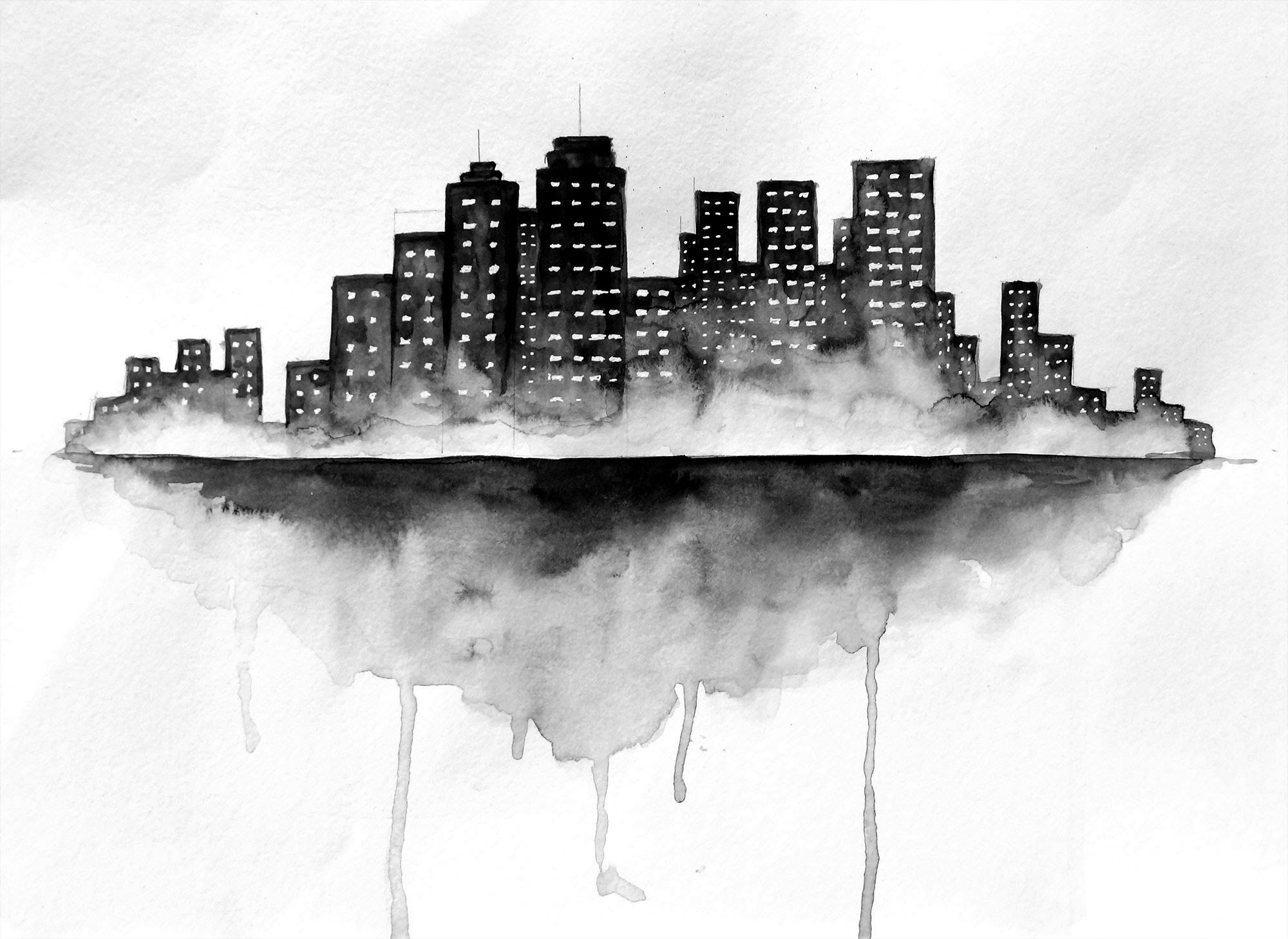 2000x1458 City Skyline Watercolor Painting - Watercolor City