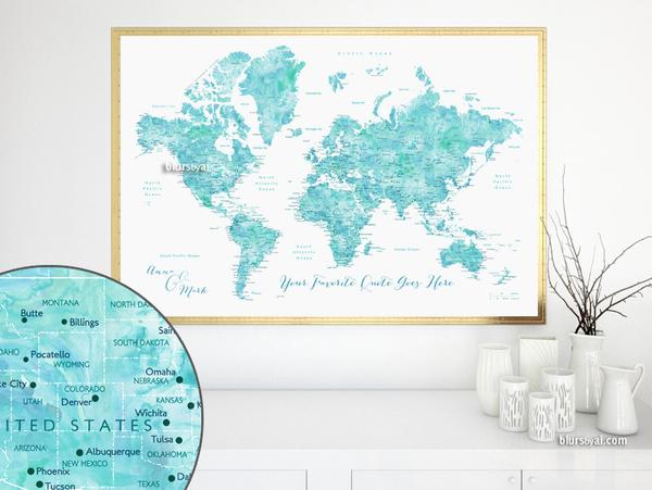 600x451 Printable Personalized World Map With Cities, Capitals, Countries - Watercolor City Map