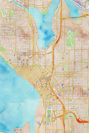 367x550 Seattle City Center Watercolor Map Posters By Mapcandy Redbubble - Watercolor City Map