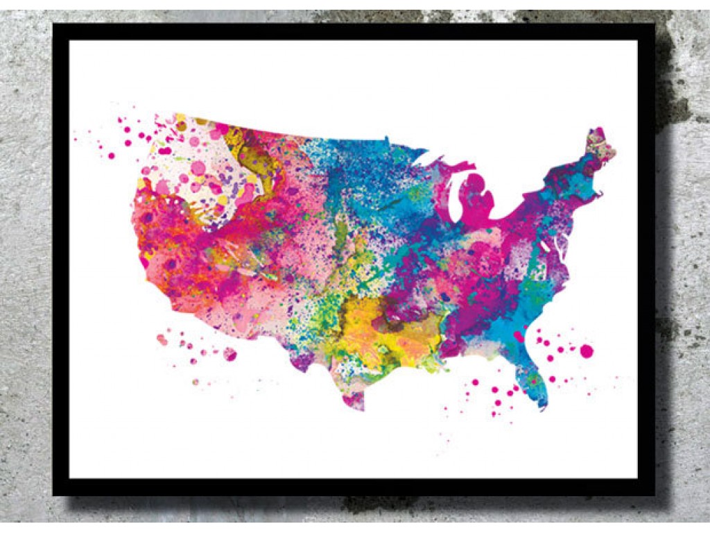 1024x768 Usa Map Watercolor Print Us Illustration Usa Silhouette Art Map - Watercolor City Map