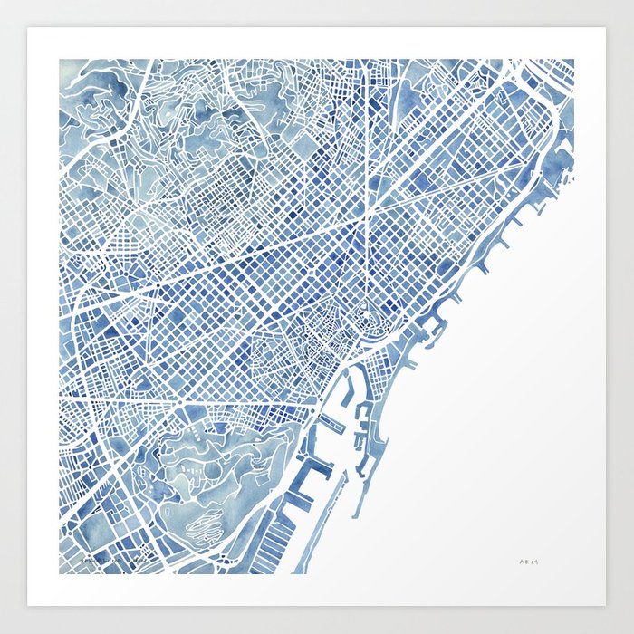 700x700 Barcelona Blueprint Watercolor City Map Art Print By Aemcdraw - Watercolor City Map