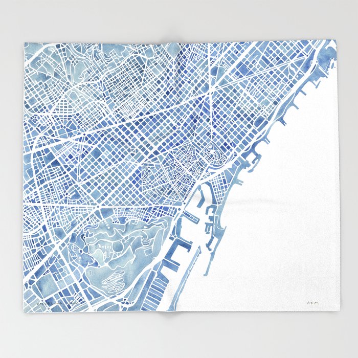 700x700 Barcelona Blueprint Watercolor City Map Throw Blanket By Aemcdraw - Watercolor City Map