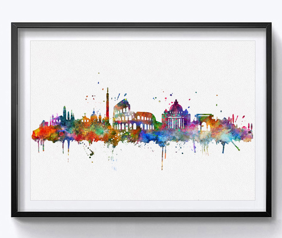 947x800 Rome City Skyline Building Watercolor Poster Italy Silhouette - Watercolor City Skyline