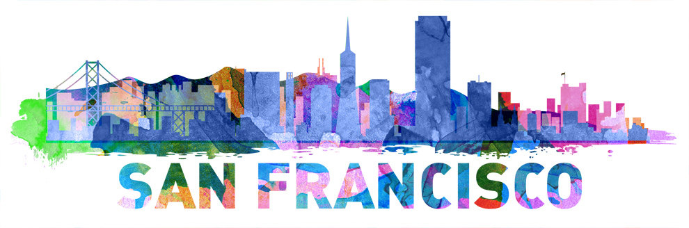 990x328 San Francisco City Skyline Watercolor Vinyl Wall Decal - Watercolor City Skyline