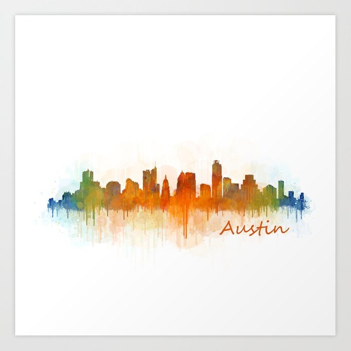 700x700 Austin Texas, City Skyline, Watercolor Cityscape Hq V3 Art Print - Watercolor City Skyline