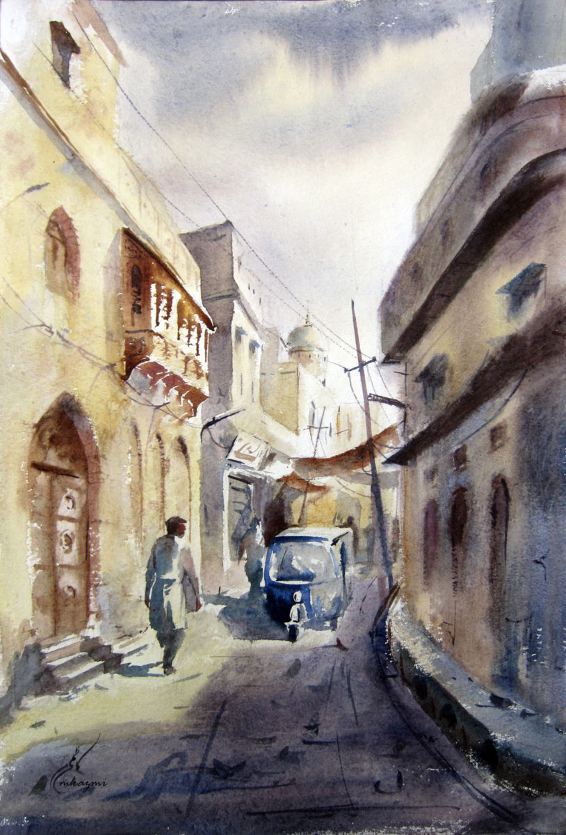 814x1200 Old Lahore Watercolor Cityscape (M Kazmi) - Watercolor Cityscape
