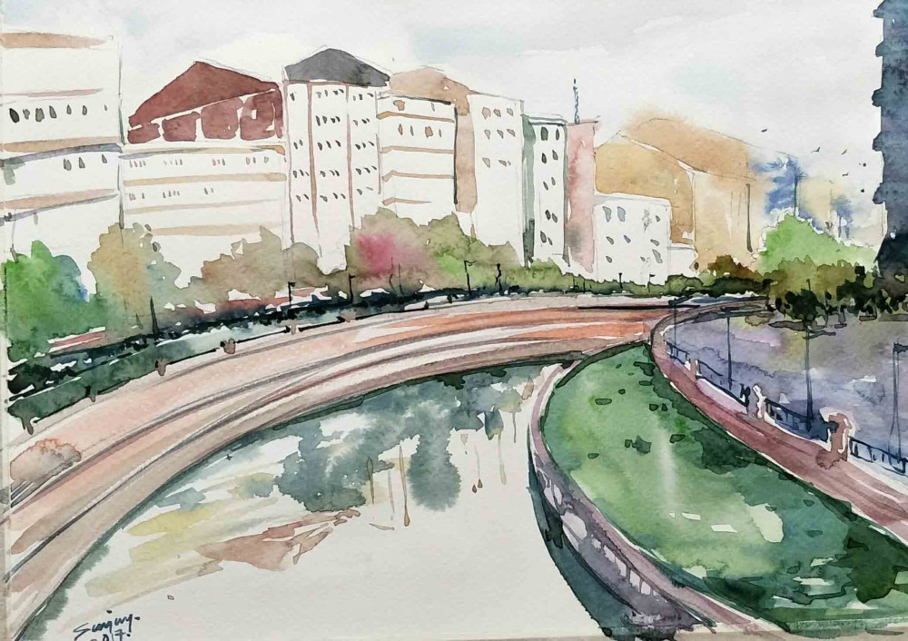 1000x706 Watercolor Cityscape, Painting By Sanjay Das Landscape Artwork - Watercolor Cityscape