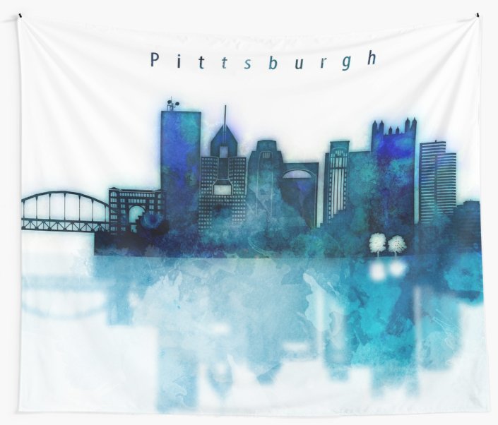 705x602 Watercolor Cityscape Of Pittsburgh City, Skyline In Blue Wall - Watercolor Cityscape