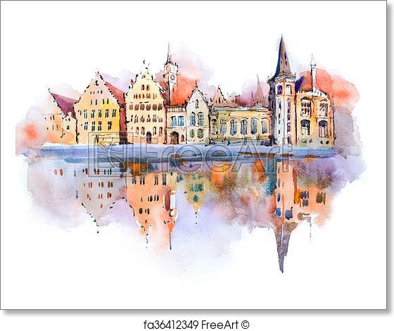 560x470 Free Art Print Of Bruges Cityscape Watercolor Drawing, Belgium - Watercolor Cityscape