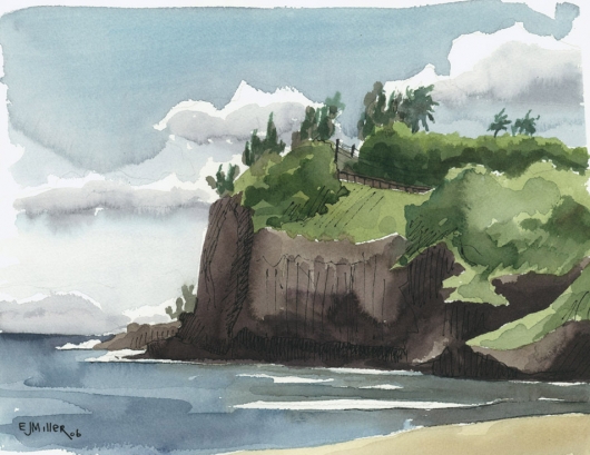 530x409 Kalihiwai Beach And Cliffs, Plein Air - Watercolor Cliffs