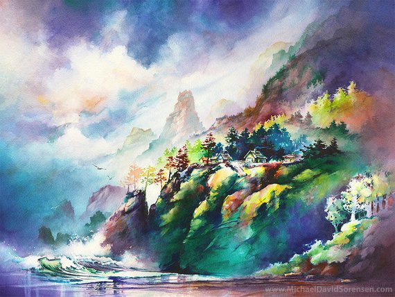 570x428 Pacific Cliffs Watercolor Art Print. Ocean Painting. Beach - Watercolor Cliffs