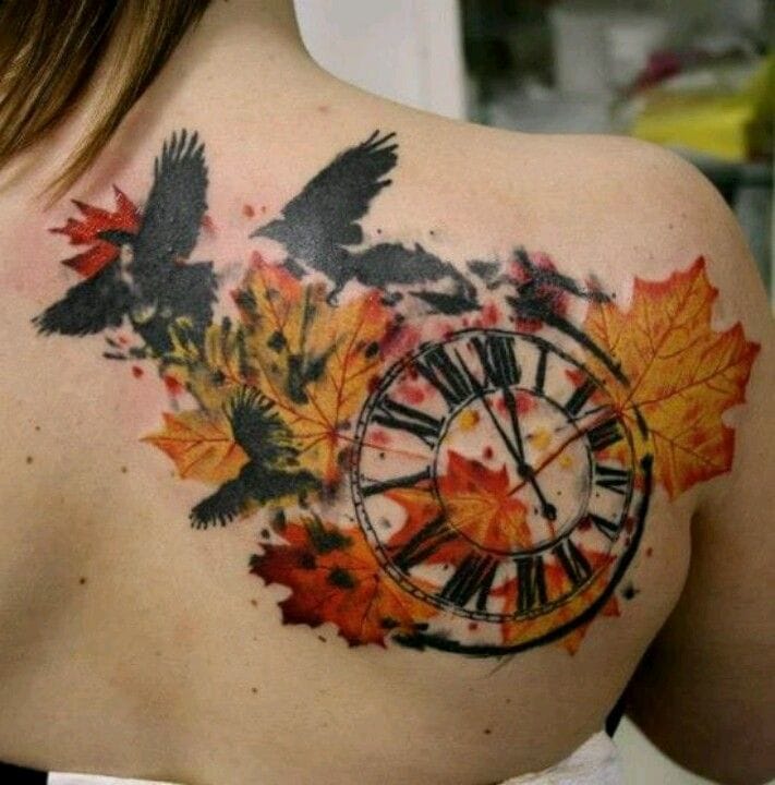 711x720 Watercolor Clock In Fall Leaves Tattoo On Back Shoulder By Timur - Watercolor Clock