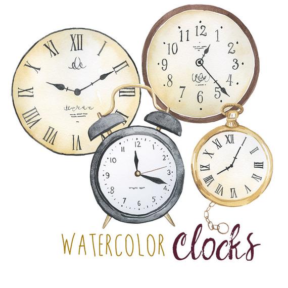 570x570 Watercolor Clocks Clip Art Clock Clipart Watchface Art Etsy - Watercolor Clock