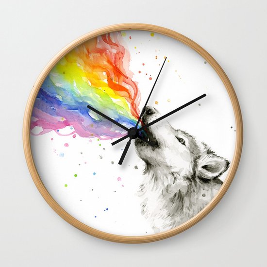 550x550 Wolf Rainbow Watercolor Howling Animal Whimsical Animals Wall - Watercolor Clock