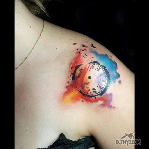 480x480 Queens Tattoo Artist Rain Portfolio Astoria, Nyc Tattoo Shop - Watercolor Clock Tattoo