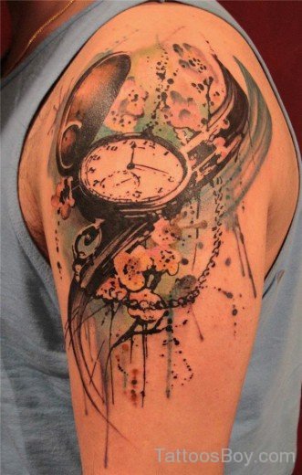 331x520 Watercolor Clock Tattoo On Shoulder Tattoo Designs, Tattoo Pictures - Watercolor Clock Tattoo