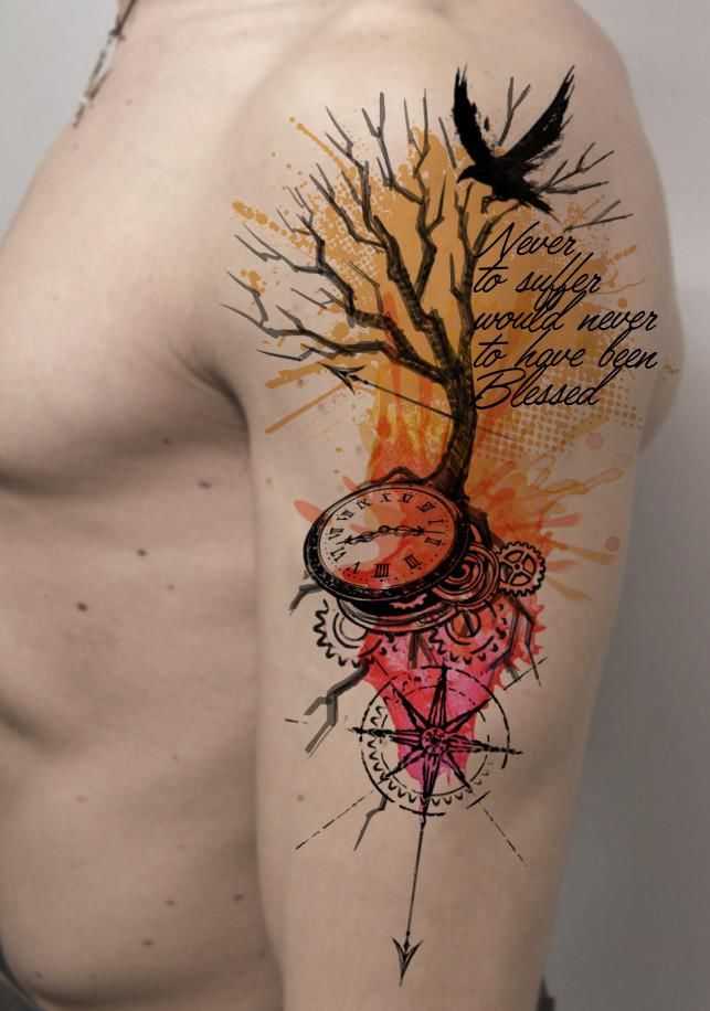 643x916 Watercolor Tattoo - Watercolor Clock Tattoo