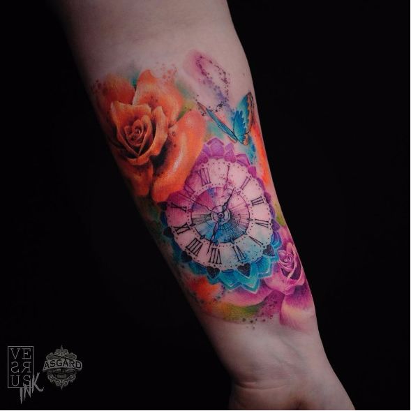 589x589 Jentheripper Clock Tattoo By Alberto Cuerva - Watercolor Clock Tattoo