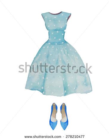 366x470 Watercolor Hand Drawn Polka Dots Dress And Blue Shoes. Woman - Watercolor Clothes