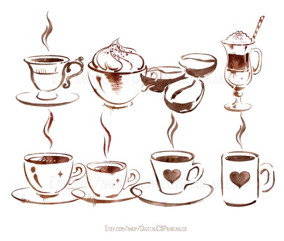 570x484 Watercolor Coffee Clipart Coffee Clip Art Watercolor Clipart Etsy - Watercolor Coffee Cup